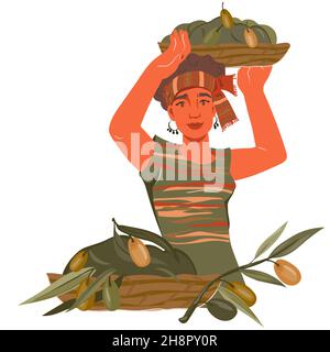 Femme transportant la récolte des olives dans le panier, illustration vectorielle plate isolée. Illustration de Vecteur
