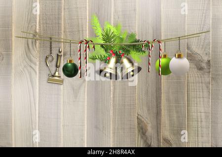 Composition de Noël sur bois. Branches d'arbre de Noël, symboles de Noël cloches dorées, boules vertes boules baubles, bougie, canne à sucre accrochée à la corde isolée sur bois rustique. Copier l'allure. 3D rendu Banque D'Images