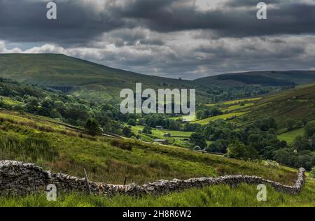 Vue sur Dentdale avec mur et pâturage traditionnels en pierre sèche en premier plan; champs, bâtiments de ferme en pierre et chemin de fer Settle-Carlisle en arrière-plan. Banque D'Images