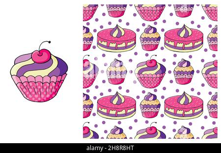 Ensemble d'éléments roses et motif sans couture.Idéal pour les vêtements pour enfants.Pâtisseries sucrées.Gâteau, muffin.Peut être utilisé pour le tissu, l'emballage, etc Illustration de Vecteur