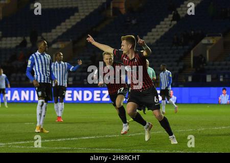 SHEFFIELD, GBR.1ER DÉCEMBRE Mark Shelton de Hartlepool United célèbre le but ouvert de Hartlepool lors du match du Trophée Papa John's entre Sheffield mercredi et Hartlepool United à Hillsborough, Sheffield, le mercredi 1er décembre 2021.(Crédit : Scott Llewellyn | MI News) crédit : MI News & Sport /Alay Live News Banque D'Images