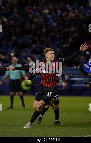 SHEFFIELD, GBR.1ER DÉCEMBRE le tournoi will Goodwin de Hartlepool United célèbre le troisième but de Hartlepool United ce soir lors du match du Trophée Papa John's entre Sheffield mercredi et Hartlepool United à Hillsborough, Sheffield, le mercredi 1er décembre 2021.(Crédit : Scott Llewellyn | MI News) crédit : MI News & Sport /Alay Live News Banque D'Images