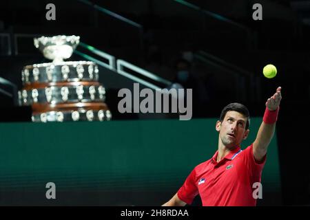Madrid, Espagne.1er décembre 2021.Novak Djokovic de Serbie joue contre Alexandre Bublik du Kazakhstan lors de la finale de la coupe Davis 2021 - quart de finale match entre la Serbie et le Kazakhstan à Madrid Arena.victoire pour Djokovic, Novak.(6.3) (6.4) (photo d'Atilano Garcia/SOPA Images/Sipa USA) crédit: SIPA USA/Alay Live News Banque D'Images