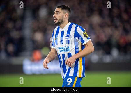 LONDRES, ANGLETERRE - 01 DÉCEMBRE : Neal Maupay lors du match de la Premier League entre West Ham United et Brighton & Hove Albion au stade de Londres le 1er décembre 2021 à Londres, Angleterre.(Photo de Sebastian Frej) crédit: Sebo47/Alamy Live News Banque D'Images