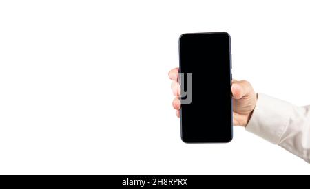 smartphone crie isolé sur blanc. nouvelle application. proposition de produit. présentation publicitaire. Banque D'Images