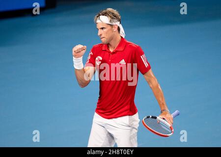 SYDNEY, AUSTRALIE - JANVIER 04 : Dominic Thiem, d'Autriche, tire son poing au cours du deuxième jour du match des célibataires du groupe lors de la coupe ATP tennis 2020 à l'arène Ken Rosewall le 04 janvier 2020 à Sydney, en Australie.Crédit : Speed Media/Alamy Live News Banque D'Images