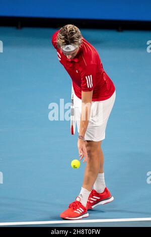 SYDNEY, AUSTRALIE - 04 JANVIER : Dominic Thiem, d'Autriche, sert pendant la deuxième journée du match des singles du groupe lors de la coupe ATP tennis 2020 à la Ken Rosewall Arena le 04 janvier 2020 à Sydney, en Australie.Crédit : Speed Media/Alamy Live News Banque D'Images