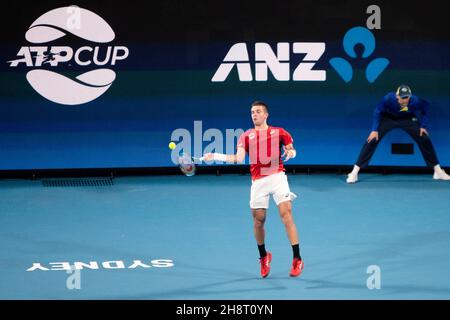 SYDNEY, AUSTRALIE - JANVIER 04 : Borna Coric de Croatie joue un rôle de premier main pendant le deuxième jour du match des célibataires du groupe lors de la coupe ATP tennis 2020 à l'arène Ken Rosewall le 04 janvier 2020 à Sydney, en Australie.Crédit : Speed Media/Alamy Live News Banque D'Images