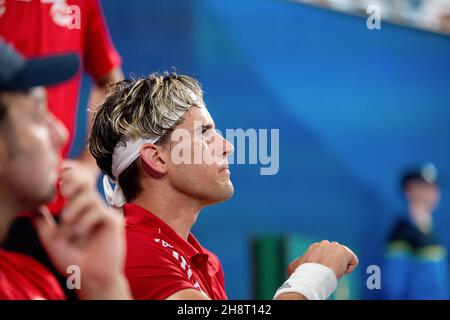 SYDNEY, AUSTRALIE - 04 JANVIER : Dominic Thiem, d'Autriche, écoute son entraîneur pendant le deuxième jour du match des singles du groupe lors de la coupe ATP tennis 2020 à l'arène Ken Rosewall le 04 janvier 2020 à Sydney, en Australie.Crédit : Speed Media/Alamy Live News Banque D'Images