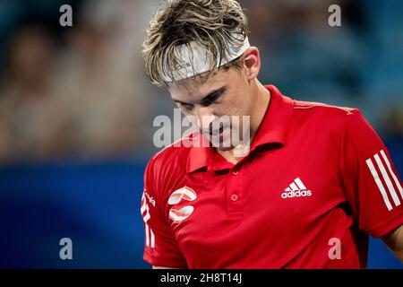 SYDNEY, AUSTRALIE - 04 JANVIER : Dominic Thiem, d'Autriche, regarde pendant la deuxième journée du match des célibataires du groupe lors de la coupe ATP tennis 2020 à la Ken Rosewall Arena le 04 janvier 2020 à Sydney, en Australie.Crédit : Speed Media/Alamy Live News Banque D'Images