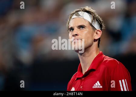 SYDNEY, AUSTRALIE - JANVIER 04 : Dominic Thiem, d'Autriche, regarde le tableau de bord pendant la deuxième journée du match des célibataires du groupe lors de la coupe ATP tennis 2020 à l'arène Ken Rosewall le 04 janvier 2020 à Sydney, en Australie.Crédit : Speed Media/Alamy Live News Banque D'Images