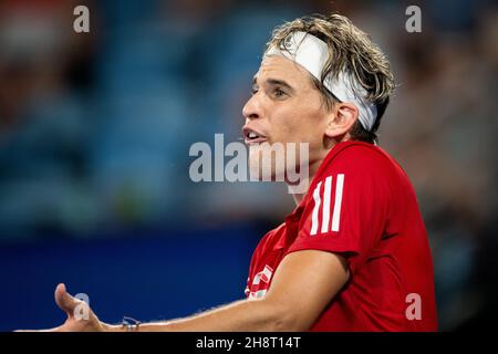SYDNEY, AUSTRALIE - JANVIER 04 : Dominic Thiem d'Autriche mécontent de lui-même pendant le deuxième jour du match des célibataires du Groupe lors de la coupe ATP tennis 2020 à l'arène Ken Rosewall le 04 janvier 2020 à Sydney, en Australie.Crédit : Speed Media/Alamy Live News Banque D'Images