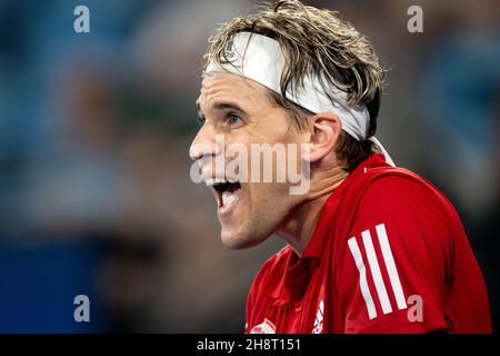SYDNEY, AUSTRALIE - JANVIER 04 : Dominic Thiem d'Autriche mécontent de lui-même pendant le deuxième jour du match des célibataires du Groupe lors de la coupe ATP tennis 2020 à l'arène Ken Rosewall le 04 janvier 2020 à Sydney, en Australie.Crédit : Speed Media/Alamy Live News Banque D'Images