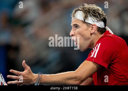 SYDNEY, AUSTRALIE - JANVIER 04 : Dominic Thiem d'Autriche mécontent de lui-même pendant le deuxième jour du match des célibataires du Groupe lors de la coupe ATP tennis 2020 à l'arène Ken Rosewall le 04 janvier 2020 à Sydney, en Australie.Crédit : Speed Media/Alamy Live News Banque D'Images