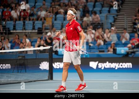 SYDNEY, AUSTRALIE - JANVIER 04 : Dominic Thiem, d'Autriche, tire son poing au cours du deuxième jour du match des célibataires du groupe lors de la coupe ATP tennis 2020 à l'arène Ken Rosewall le 04 janvier 2020 à Sydney, en Australie.Crédit : Speed Media/Alamy Live News Banque D'Images
