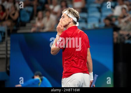 SYDNEY, AUSTRALIE - 04 JANVIER : Dominic Thiem, d'Autriche, tient sa tête pendant le deuxième jour du match des célibataires du Groupe lors de la coupe ATP tennis 2020 à l'arène Ken Rosewall le 04 janvier 2020 à Sydney, en Australie.Crédit : Speed Media/Alamy Live News Banque D'Images