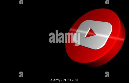 Bouton YouTube 3D Rendering logo isolé sur fond noir.Icône de médias sociaux tridimensionnels avec espace de copie.Signes de rendu 3D. Banque D'Images