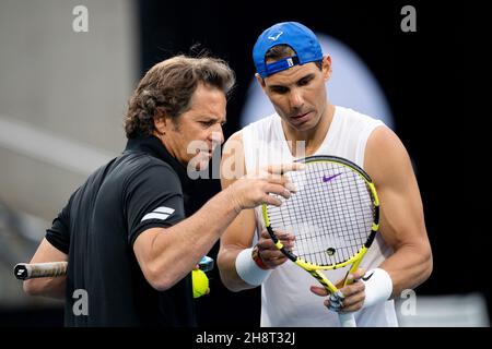 SYDNEY, AUSTRALIE - 09 JANVIER : Rafael Nadal d'Espagne sur le terrain d'entraînement pendant le septième jour de la coupe ATP 2020 tennis à la Ken Rosewall Arena le 09 janvier 2020 à Sydney, Australie. Banque D'Images