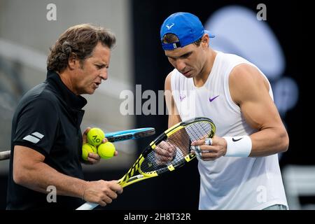 SYDNEY, AUSTRALIE - 09 JANVIER : Rafael Nadal d'Espagne sur le terrain d'entraînement pendant le septième jour de la coupe ATP 2020 tennis à la Ken Rosewall Arena le 09 janvier 2020 à Sydney, Australie. Banque D'Images