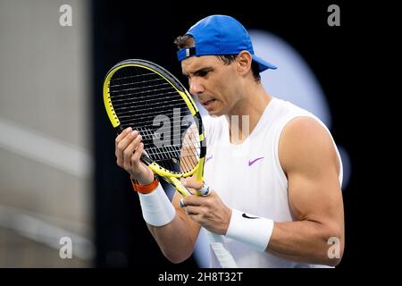 SYDNEY, AUSTRALIE - 09 JANVIER : Rafael Nadal d'Espagne sur le terrain d'entraînement pendant le septième jour de la coupe ATP 2020 tennis à la Ken Rosewall Arena le 09 janvier 2020 à Sydney, Australie. Banque D'Images