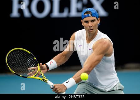 SYDNEY, AUSTRALIE - 09 JANVIER : Rafael Nadal d'Espagne sur le terrain d'entraînement pendant le septième jour de la coupe ATP 2020 tennis à la Ken Rosewall Arena le 09 janvier 2020 à Sydney, Australie. Banque D'Images