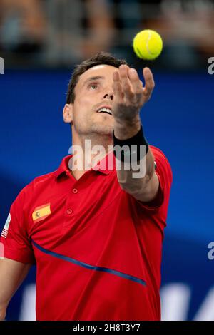 SYDNEY, AUSTRALIE - JANVIER 10 : Roberto Bautista Agut, d'Espagne, sert pendant le huitième jour du quart de finale du match des célibataires à la coupe ATP de tennis 2020 à la Ken Rosewall Arena le 10 janvier 2020 à Sydney, en Australie. Banque D'Images