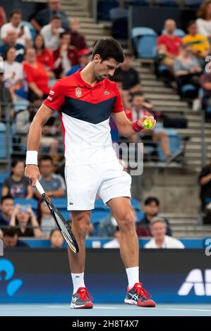 SYDNEY, AUSTRALIE - 11 JANVIER : Novak Djokovic de Serbie sert pendant la neuf journée du match semi-final des singles au tennis de la coupe ATP 2020 à la Ken Rosewall Arena le 11 janvier 2020 à Sydney, en Australie. Banque D'Images