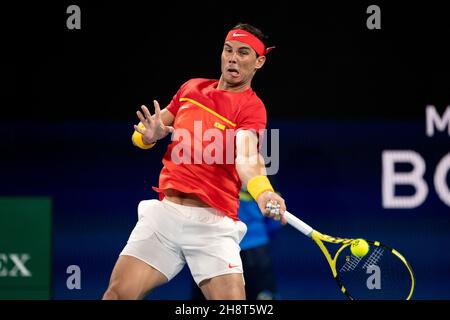 SYDNEY, AUSTRALIE - 12 JANVIER : Rafael Nadal d'Espagne joue un rôle de premier main lors de la dixième journée de la finale des singles à la coupe ATP tennis 2020 à la Ken Rosewall Arena le 12 janvier 2020 à Sydney, en Australie. Banque D'Images