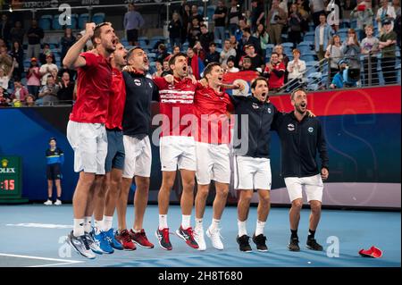 SYDNEY, AUSTRALIE - 12 JANVIER : l'équipe de Serbie célèbre la victoire de la coupe ATP 2020 au Ken Rosewall Arena le 12 janvier 2020 à Sydney, en Australie. Banque D'Images