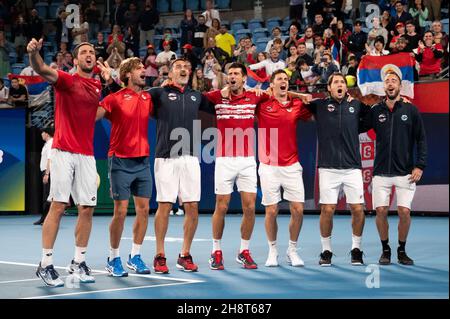 SYDNEY, AUSTRALIE - 12 JANVIER : l'équipe de Serbie célèbre la victoire de la coupe ATP 2020 au Ken Rosewall Arena le 12 janvier 2020 à Sydney, en Australie. Banque D'Images