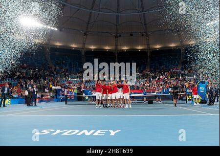 SYDNEY, AUSTRALIE - 12 JANVIER : l'équipe de Serbie fête avec le trophée des gagnants lors de la coupe ATP tennis 2020 à la Ken Rosewall Arena le 12 janvier 2020 à Sydney, en Australie. Banque D'Images