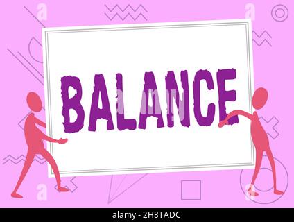 Affiche textuelle indiquant l'équilibre.Mot écrit sur un état d'équilibre ou d'équipoise vivant avec la paix et l'harmonie deux collègues debout transportant grand Banque D'Images