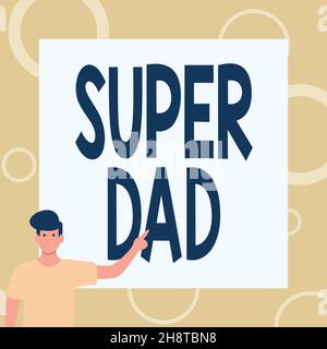 Affiche affichant Super Pad.Concept signification enfants idole et super héros une inspiration à regarder sur gentleman dessin debout pointant le doigt dans Banque D'Images