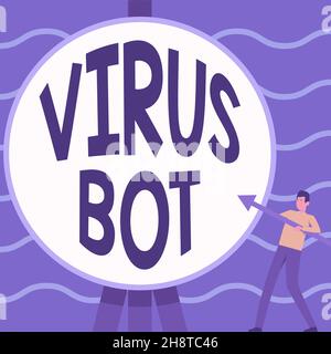 Affiche textuelle montrant le bot de virus.Les entreprises présentent des programmes malveillants d'autopropagation conçus pour infecter un homme hôte tenant debout tenant une grande flèche pointant Banque D'Images