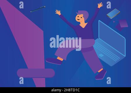 Bannière avec des supports de formation, Curriculum, formation en ligne. Cartoon boy saute et se réjouit de l'examen passé. Illustration de Vecteur