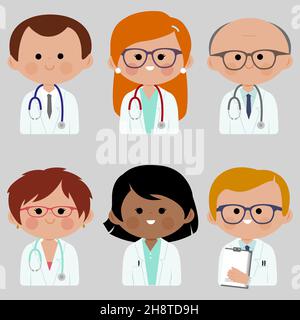 Groupe diversifié d'avatars masculins et féminins heureux de travailleurs médicaux. Médecins et infirmières, professionnels de la médecine au travail. Personnel professionnel hospitalier Banque D'Images