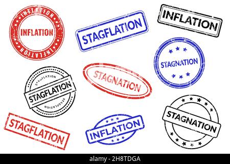 Ensemble d'empreintes de timbres en caoutchouc avec des mots financiers inflation, stagnation, stagflation de couleurs rouge, noir, bleu sur un fond blanc isolé.Ce Banque D'Images