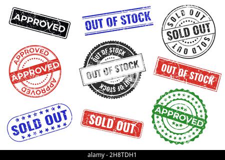 Jeu d'empreintes de timbres en caoutchouc avec des mots de marketing et de commerce approuvés, vendus, en rupture de stock de rouge, noir, bleu, vert couleurs sur un dos blanc Banque D'Images