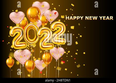2022 3d bonne année réaliste décoration or ballons, coeurs.Numéros de feuilles d'or, fond de fête brillant, confetti, paillettes.Scénario festif Illustration de Vecteur