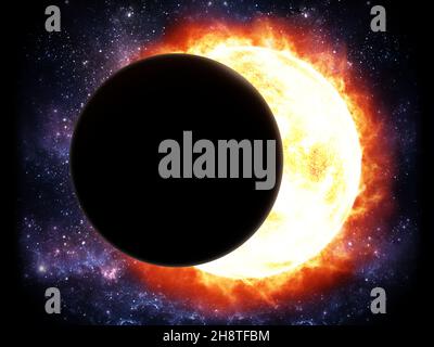 Rendu 3D de l'éclipse solaire montrant la lune se déplaçant au-dessus du soleil.Illustration 3D. Banque D'Images