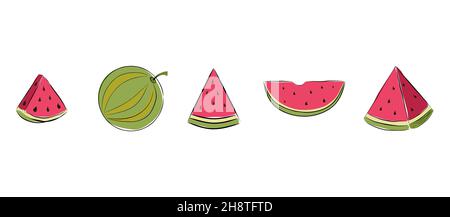 Différents morceaux de pastèque, dessinés à la main. Illustration de Vecteur