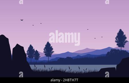 Vue fantastique sur les montagnes depuis l'extérieur de la ville au crépuscule dans l'après-midi.Illustration vectorielle d'une ville Illustration de Vecteur