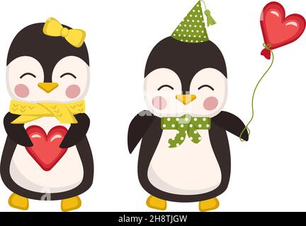 Adorables pingouins amoureux dans un style puéril avec coeur rouge et ballon.Animaux amusants festifs, décoration de Saint-Valentin.Illustration vectorielle plate Illustration de Vecteur