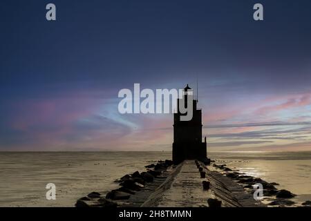 Phare sur le lac Michigan avant le coucher du soleil.Le moment juste après le coucher du soleil sur la jetée nord à Manitowoc, Wisconsin Banque D'Images