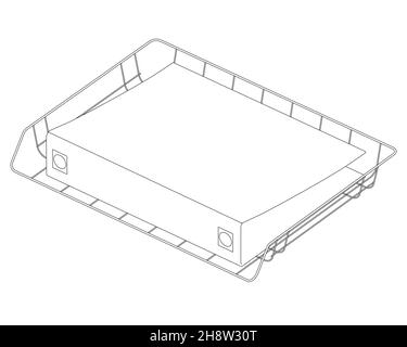 Contour de la plieuse de bureau avec des documents sur l'étagère à partir de lignes noires isolées sur fond blanc.Vue isométrique.Illustration vectorielle. Illustration de Vecteur