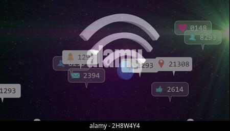 Image des icônes des réseaux sociaux et des numéros sur l'icône wi-fi en arrière-plan Banque D'Images