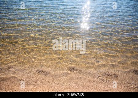 Ondulations sur la surface du fond de mer de sable, eau de mer bleue claire et calme, poissons dans l'eau, texture de la nature Banque D'Images