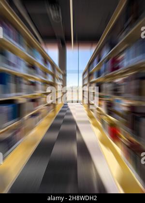 vue de zoom floue du couloir entre les étagères de la bibliothèque Banque D'Images