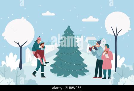 Bonne famille Profitez de la saison d'hiver et du temps froid ensemble illustration vectorielle.Papa de dessin animé tenant une fille mignonne, couple de personnes âgées buvant une boisson chaude avec dessert près de l'arbre de Noël.Concept de Noël Illustration de Vecteur