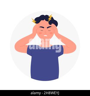 Jeune garçon souffrant de migraine de tête forte.Grave douleur de la maladie de tête de voleur effet vecteur plat illustration Illustration de Vecteur